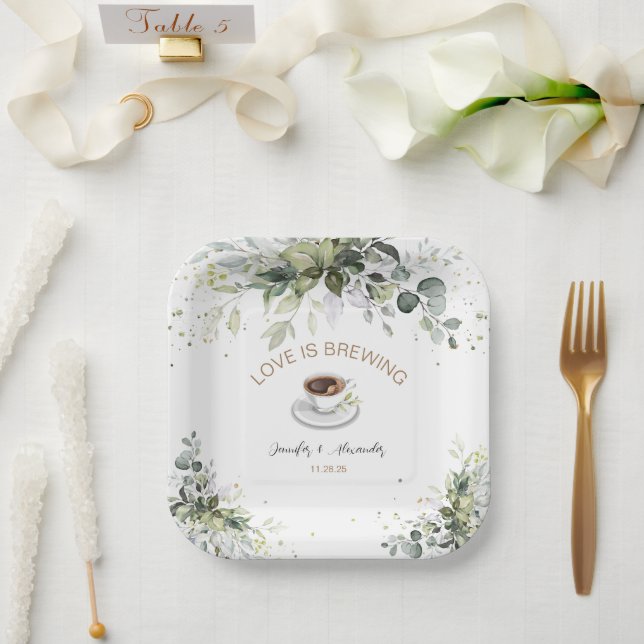 Coffee and Greenery Themed Wedding Shower Paper Plates (Wedding)