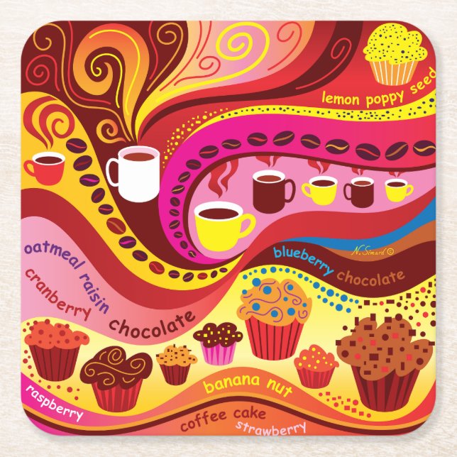 Coffee and Muffins Pattern Square Paper Coaster (Front)