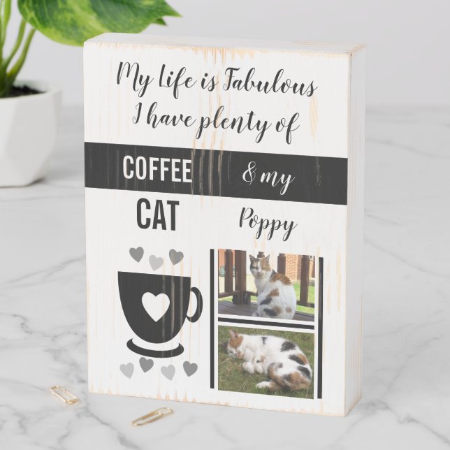 Coffee and my cat pets with name and photos black wooden box sign (In Situ Vertical)