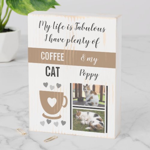 Coffee and my cat pets with name and photos brown wooden box sign