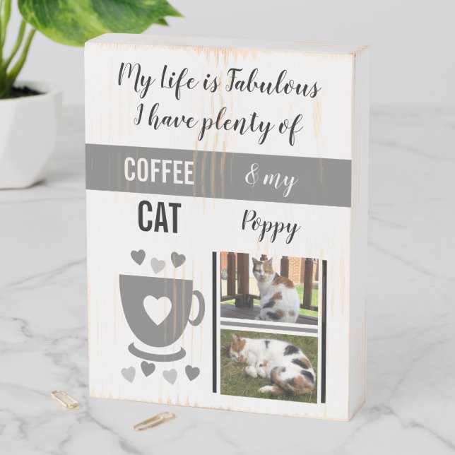 Coffee and my cat pets with name and photos grey wooden box sign (In Situ Vertical)