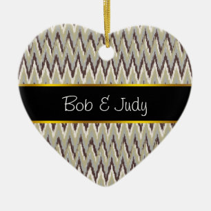 Coffee and Sage iKat ZigZag Pattern Ceramic Ornament