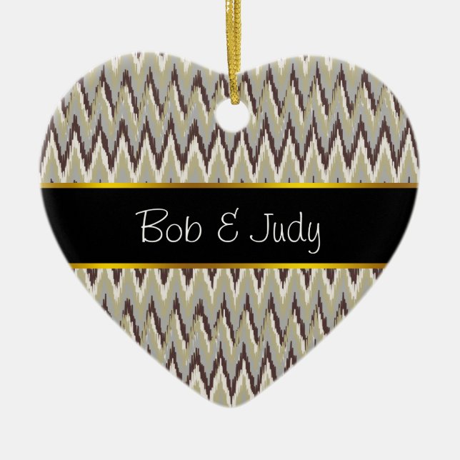 Coffee and Sage iKat ZigZag Pattern Ceramic Ornament (Front)