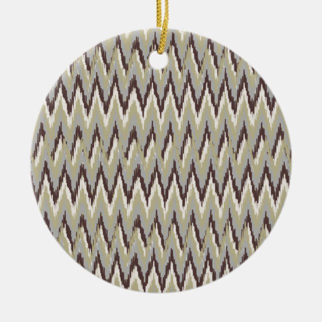 Coffee and Sage iKat ZigZag Pattern Ceramic Ornament (Front)