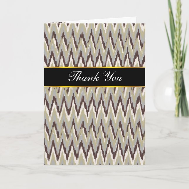 Coffee and Sage iKat ZigZag Pattern Letterpress Thank You Card (Front)