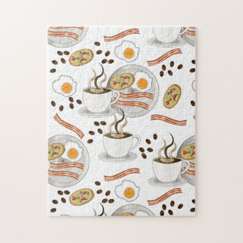 Coffee and Savory Breakfast Bacon  Eggs Pattern Jigsaw Puzzle