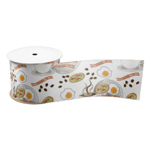 Coffee and Savory Breakfast Bacon Eggs Pattern Satin Ribbon