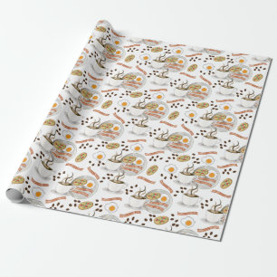 Coffee and Savory Breakfast Bacon Eggs Pattern Wrapping Paper