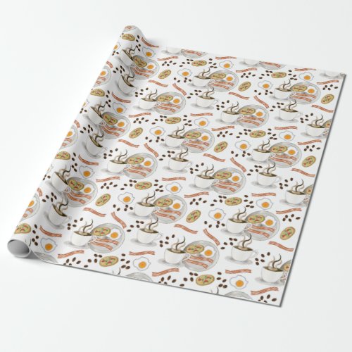 Coffee and Savory Breakfast Bacon  Eggs Pattern Wrapping Paper