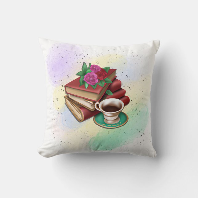 Coffee and Stack of Books Throw Pillow (Front)