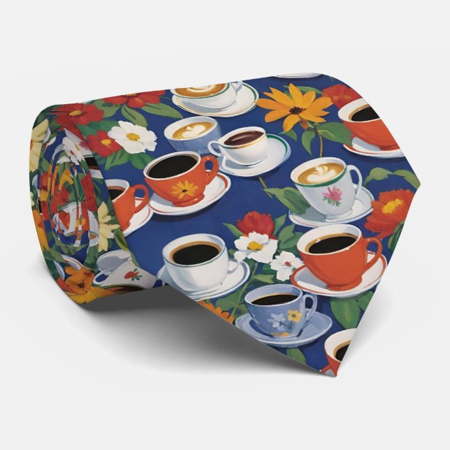 Coffee And Tea Cups Teaset Floral Blue Neck Tie (Rolled)