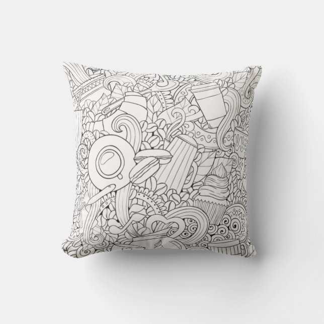 Coffee And Tea Doodle Throw Pillow (Front)