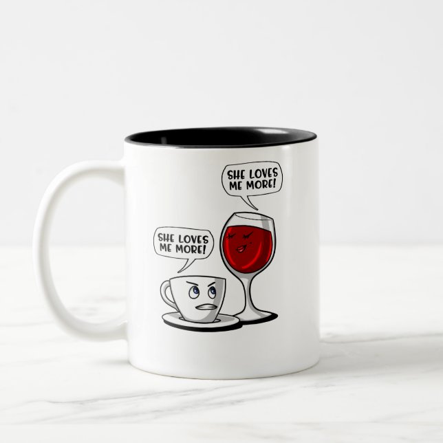 Coffee And Wine She Loves Me More Two-Tone Coffee Mug (Left)