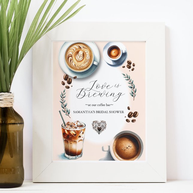 Coffee Bar Bridal Shower Tabletop Sign (Love is Brewing coffee bar bridal shower sign art and design Victoria Grigaliunas)