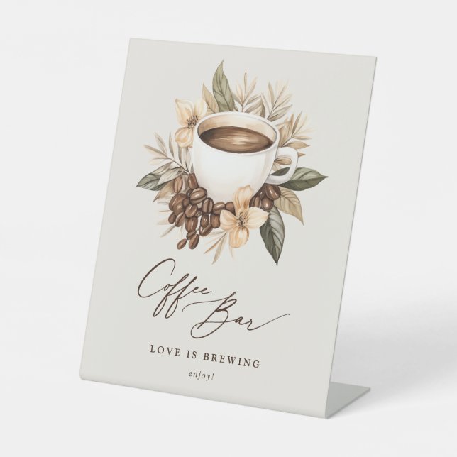 Coffee Bar Floral Love is Brewing Bridal Shower Pedestal Sign (Front)