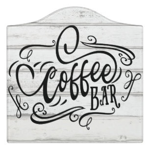 Coffee Bar, Hand Lettered, Whitewashed Wood Plank Door Sign