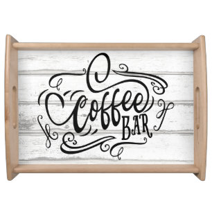 Coffee Bar, Hand Lettered, Whitewashed Wood Plank Serving Tray