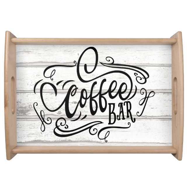 Coffee Bar, Hand Lettered, Whitewashed Wood Plank Serving Tray (Front)