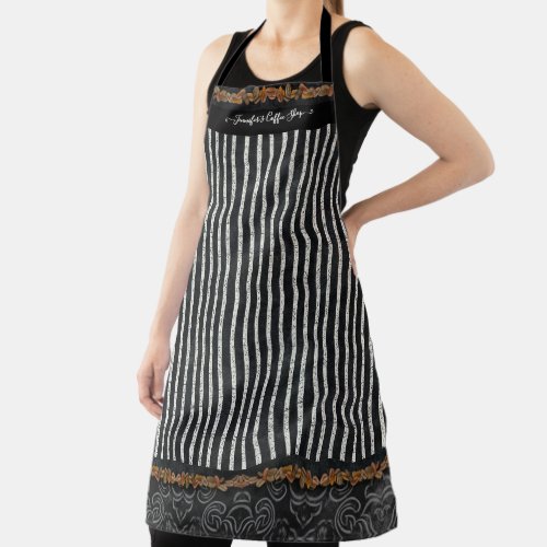 Coffee Bean Damask Black White Striped w Your Name Apron