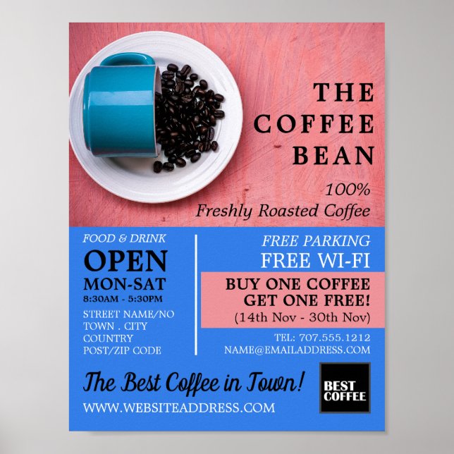 Coffee Bean Mug, Barista, Café, Coffeehouse Advert Poster (Front)