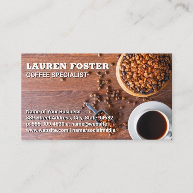 Coffee Beans and Coffee Cup on Table Business Card (Front)