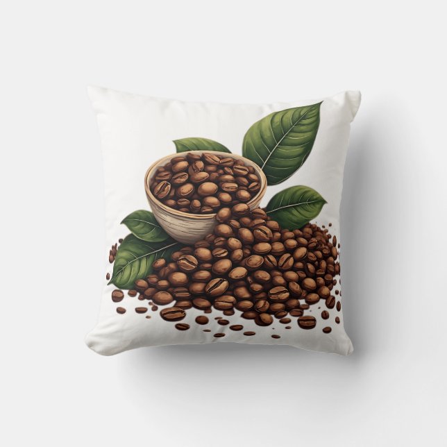 Coffee Beans and Leaves Throw Pillow (Front)