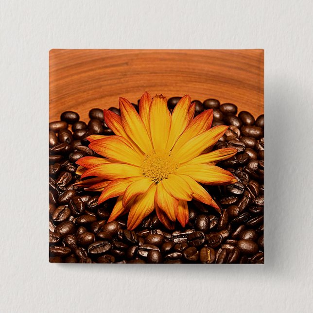 Coffee Beans and Yellow Daisy Pinback Button (Front)