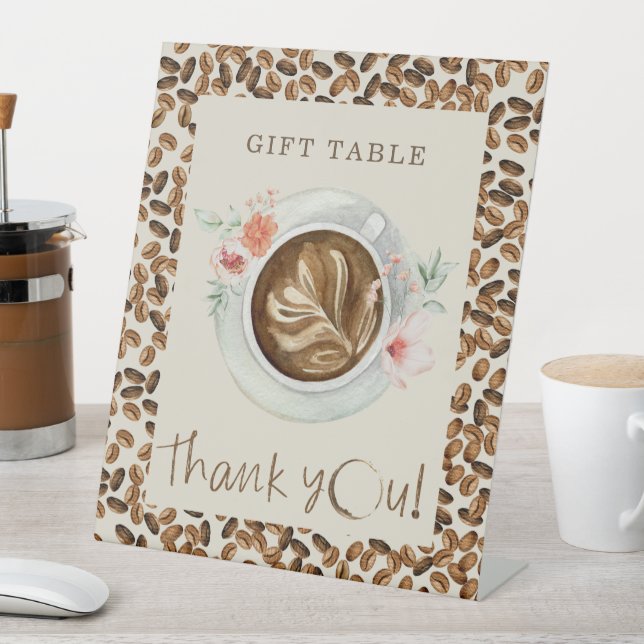 Coffee Beans Baby Shower Gift Table Floral Pedestal Sign (In SItu)
