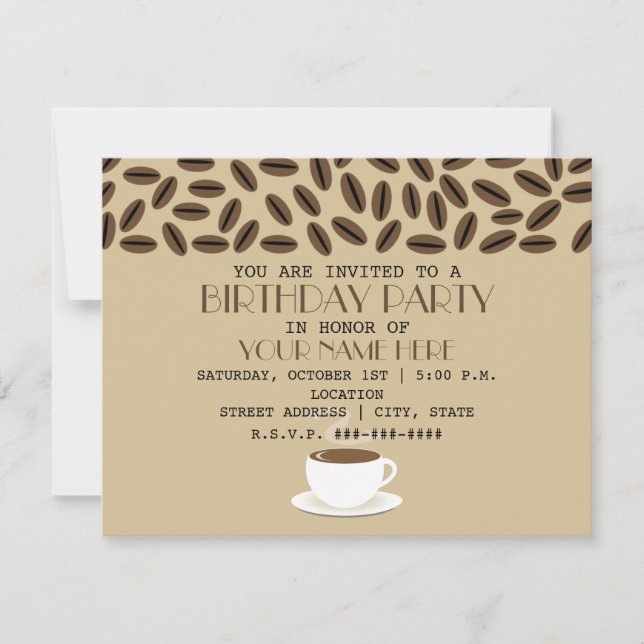 Coffee Beans & Cup Of Coffee Birthday Invitations (Front)