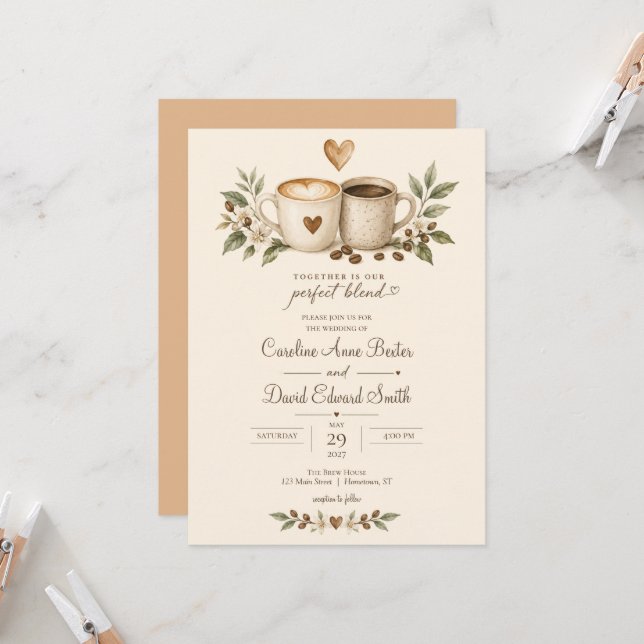 Coffee Beans Mugs Hearts Perfect Blend Wedding Invitation (Front/Back In Situ)