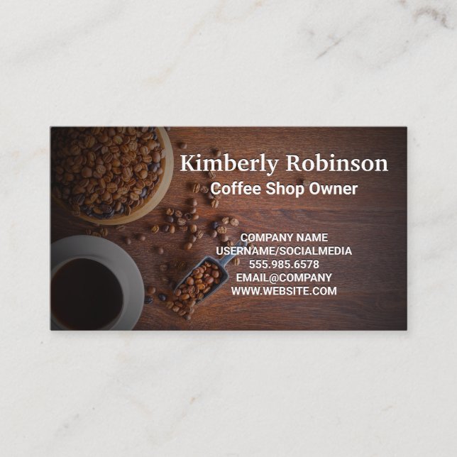 Coffee Beans on Wooden Tables Business Card (Front)