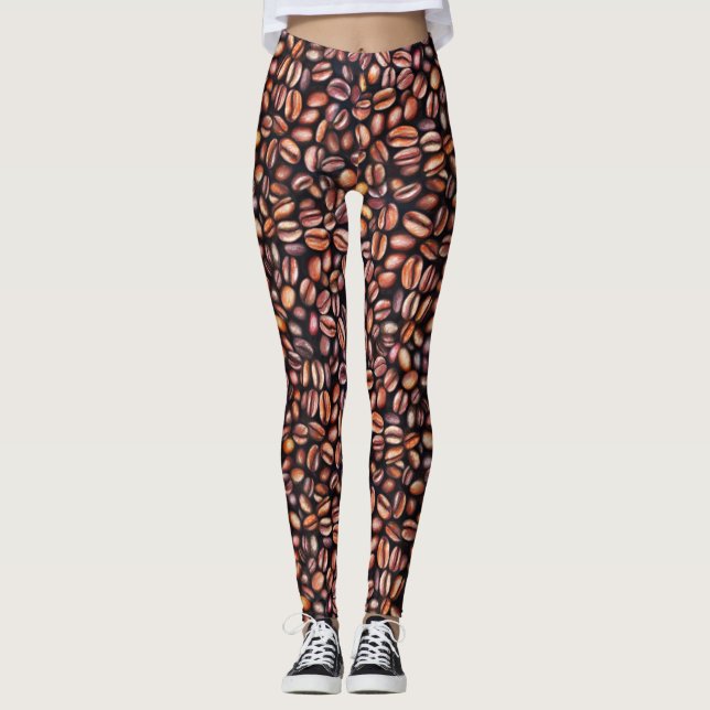   Coffee Beans Pencil Drawing Pattern Rustic Brown Leggings (Front)