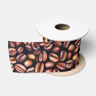Coffee Beans Pencil Drawing Pattern Rustic Brown Satin Ribbon