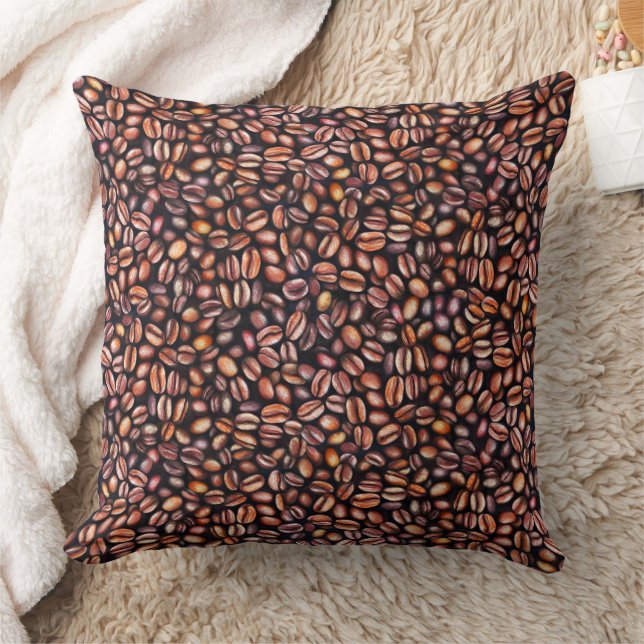   Coffee Beans Pencil Drawing Pattern Rustic Brown Throw Pillow (Blanket)