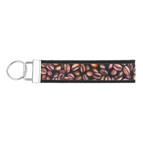   Coffee Beans Pencil Drawing Pattern Rustic Brown Wrist Keychain