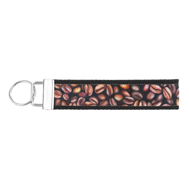   Coffee Beans Pencil Drawing Pattern Rustic Brown Wrist Keychain (Keys on Left)