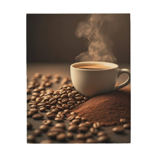 Coffee Beans, Powder, and a Hot Cup Wood Wall Art
