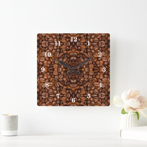 Coffee beans shiny brown abstract mandala square wall clock