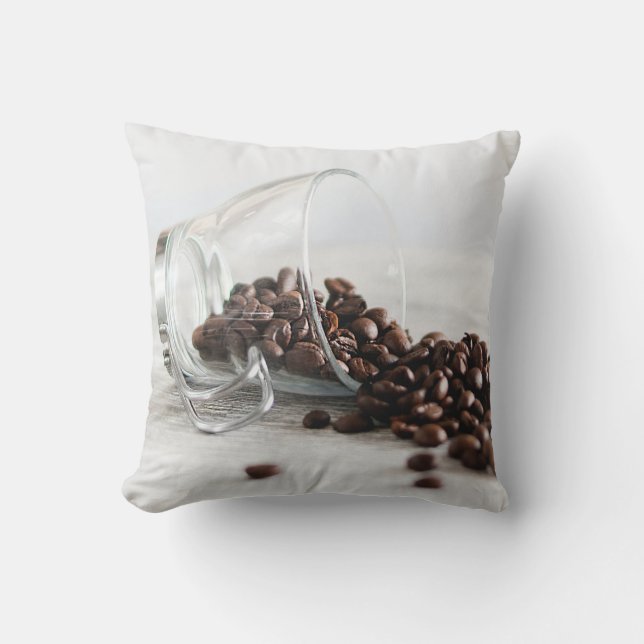 Coffee Beans Spilling out of a Clear Coffee Cup Throw Pillow (Front)