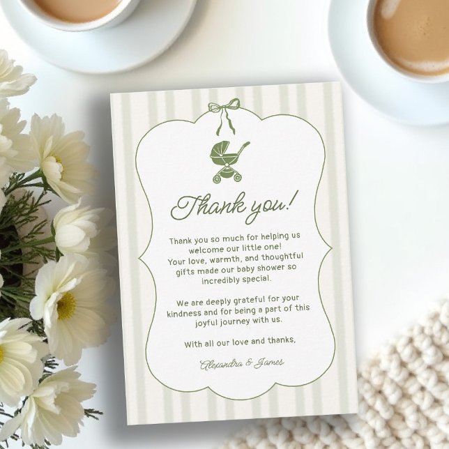 Coffee Bebe Brewing Stripes Brunch Baby Shower Thank You Card (baby shower brunch thank you card coffee theme brewing olive green bistro hand drawn paris bistro)