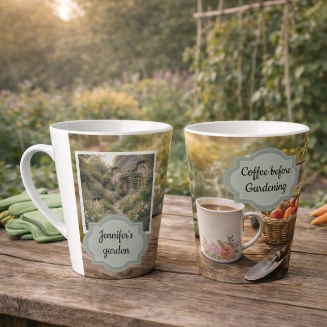 Coffee before gardening morning garden photo latte mug (Create your own "Coffee before gardening" morning garden photo latte mug. You can add your own photo)