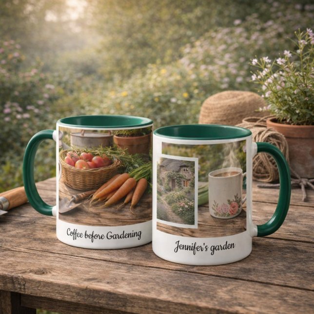 Coffee before gardening morning garden photo mug ("Coffee before gardening" morning garden photo mug. You can add your own photo, name and text.)