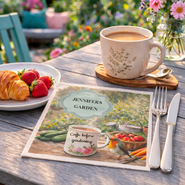Coffee before gardening robin garden personal  napkins (Coffee before gardening robin garden personal napkins. You can add your own name. For garden lovers.)
