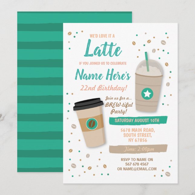Coffee Birthday Latte Cafe Shop Beans Celebration Invitation (Front/Back)