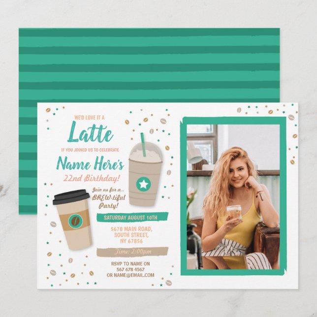 Coffee Birthday Latte Cafe Shop Beans Photo Invitation (Front/Back)
