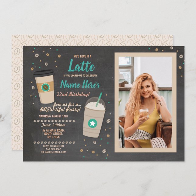 Coffee Birthday Latte Cafe Shop Chalk Photo Chalk Invitation (Front/Back)