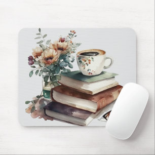 Coffee Boho Floral Green Brown Watercolor Mouse Pad