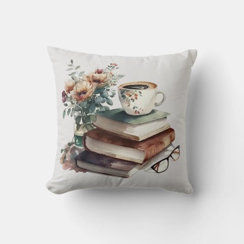 Coffee Boho Floral Green Brown Watercolor Throw Pillow