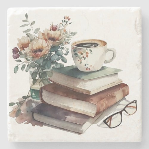 Coffee Boho Floral Watercolor Green Brown Stone Coaster