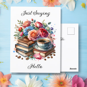 Coffee, Books and Flowers   Thinking About You Postcard